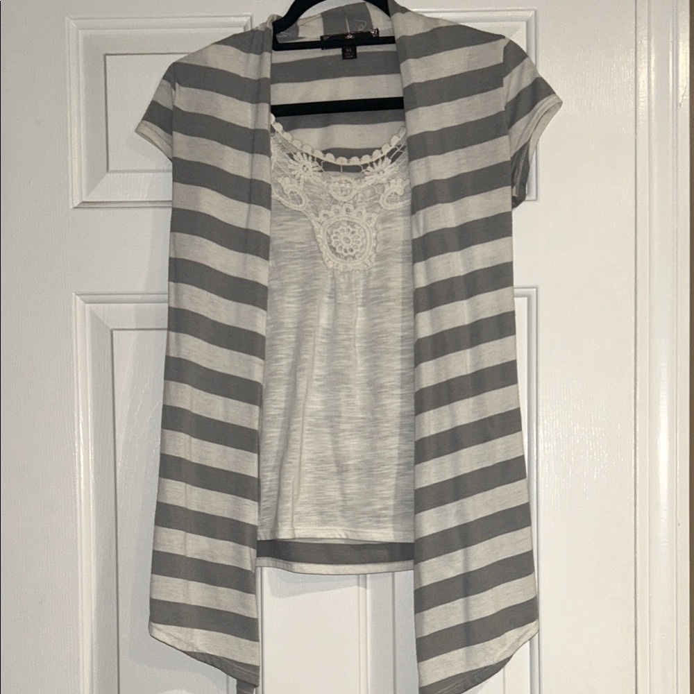 Gray and White Striped Cardigan with Lace Top